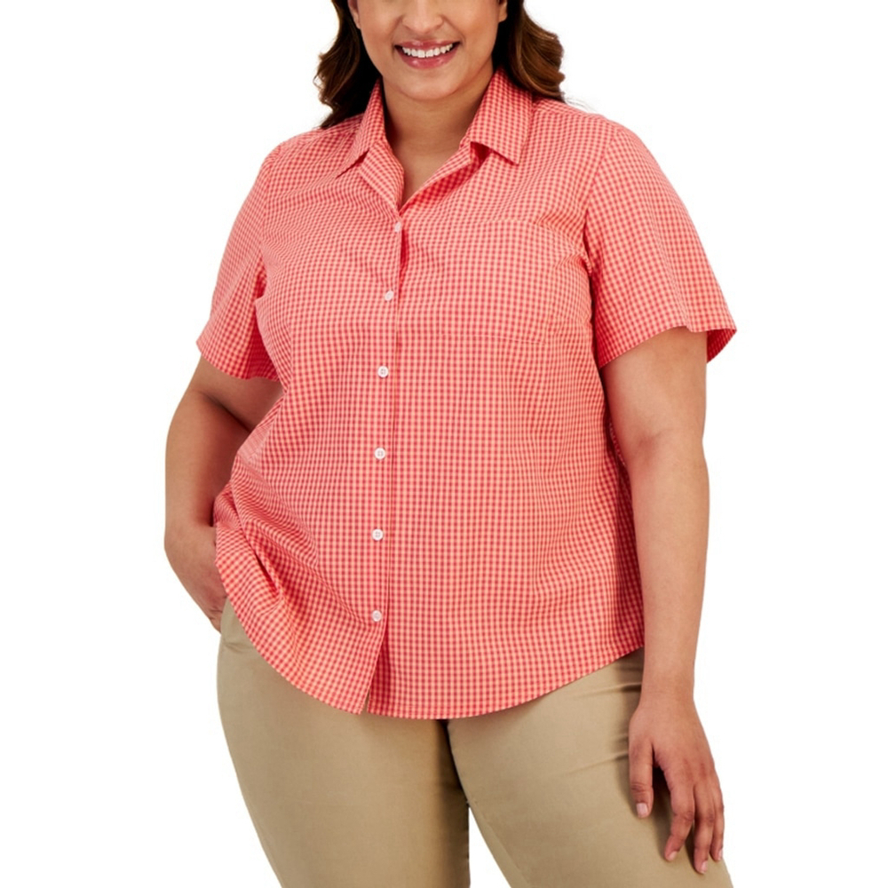 Karen Scott Women's Plus Size 0X Red & Peach Gingham Button-Down Shirt NWT